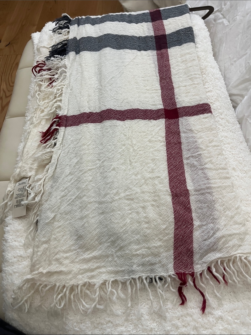 Burberry Ivory Scarf with Burgundy and Charcoal Windowpane Plaid